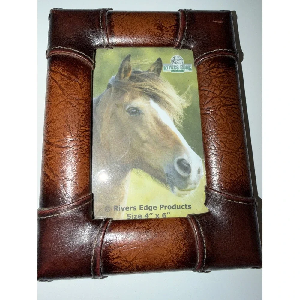Rivers Edge Products Brown Faux Leather Stitched 4x6 Picture Frame Rustic Lodge